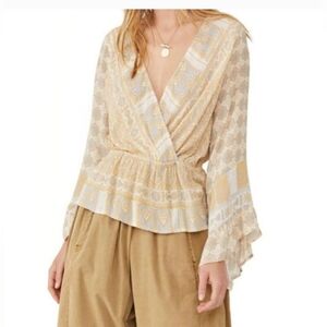 Free People Boho "Rosalie" Multi-color Wrap Crop Top Size L,  Bell Sleeve